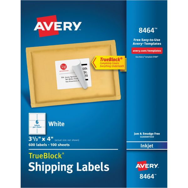 AVE8464 Avery Shipping Labels with TrueBlock Technology, Inkjet, 3 1/3 x 4, White, 600/Box