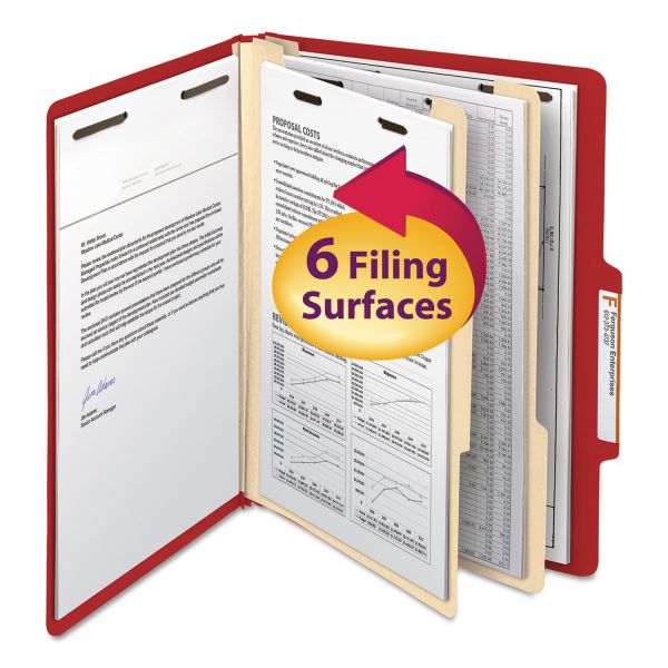 SMD14003 Smead Top Tab Classification Folder, Two Dividers, Six-Section, Letter, Red, 10/Box
