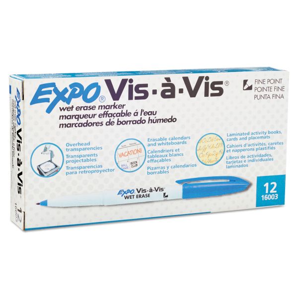SAN16003 EXPO Vis-à-Vis Wet-Erase Marker, Fine Point, Blue, Dozen