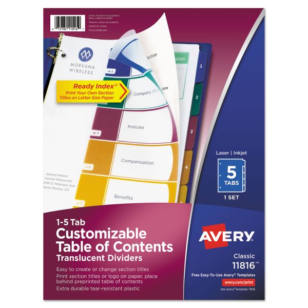 AVE11816 Avery Ready Index Customizable Table of Contents Plastic Dividers, 5-Tab, Letter