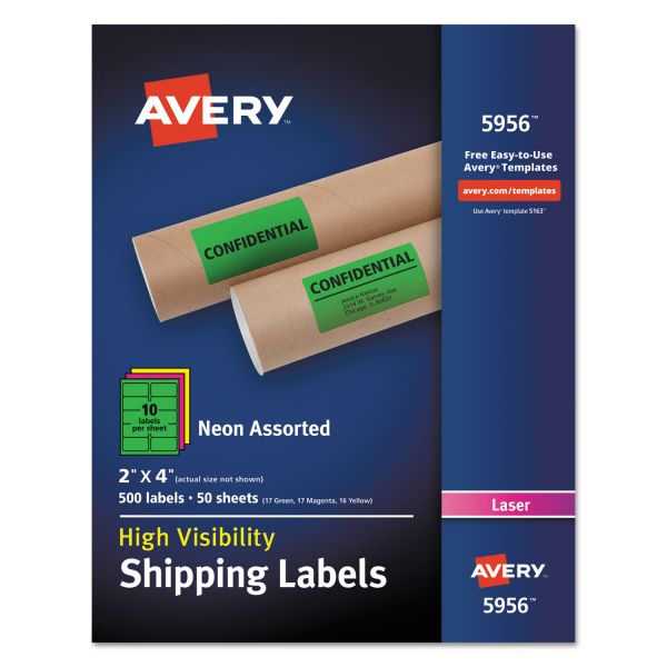 AVE5956 Avery Neon Shipping Label, Laser, 2 x 4, Neon Assorted, 500/Box