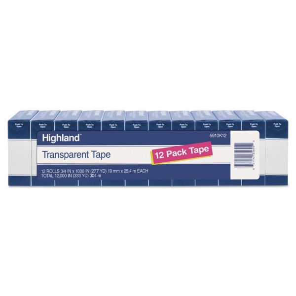 MMM5910K12 Highland Transparent Tape, 3/4" x 1000", 1" Core, Clear, 12/Pack