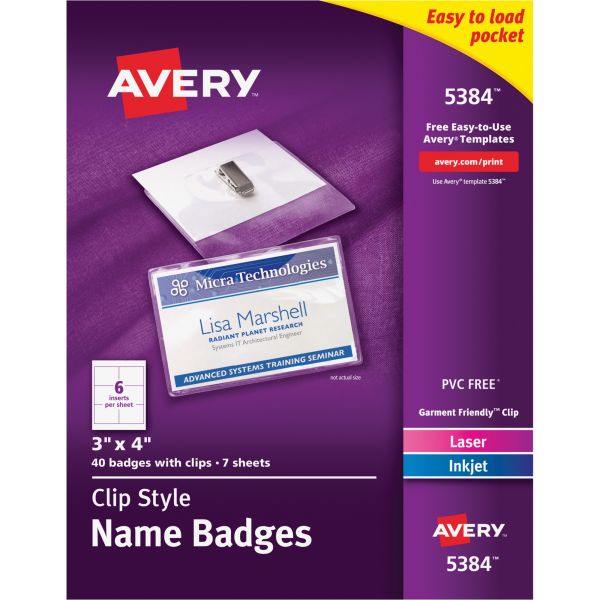 AVE5384 Avery Clip-Style Name Badge Holders w/Inserts, Top Load, 3 x 4, White, 40/Box