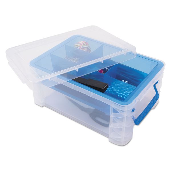 AVT37371 Advantus Super Stacker Divided Storage Box, Clear w/Blue Tray/Handles, 10.3 x 14.25x 6.5
