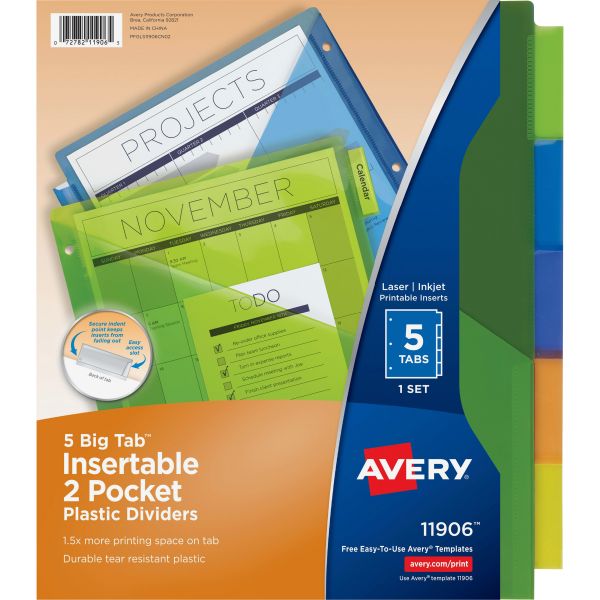 AVE11906 Avery Insertable Big Tab Plastic Dividers w/Double Pockets, 5-Tab, Multi-color Tab, Letter, 1 Set