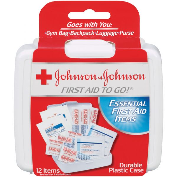 JOJ8295 Johnson & Johnson Red Cross Mini First Aid To Go Kit, 12-Pieces, Plastic Case