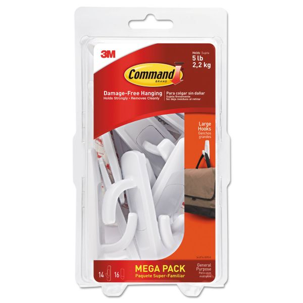 MMM17003MPES Command General Purpose Hooks, Large, 5lb Cap, White, 14 Hooks & 16 Strips/Pack