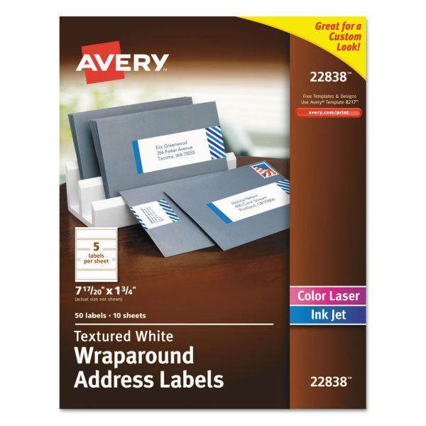 AVE22838 Avery Rectangle Wraparound Labels, 7 17/20 x 1 3/4, Textured White, 50/Pack