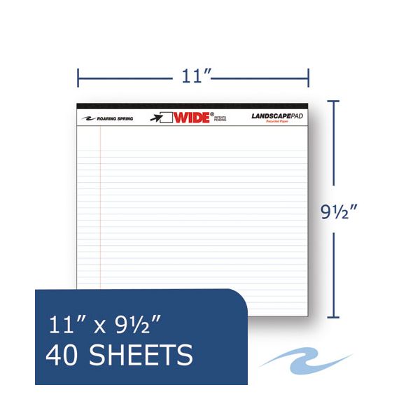 ROA74500 Roaring Spring WIDE Landscape Format Writing Pad, College Ruled, 11 x 9 1/2, White, 40 Sheets