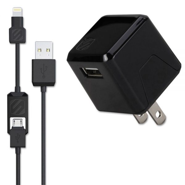 SOS12MH121 Scosche superCUBE Flip Wall Charger, Black, Micro USB, Lightning Adapter