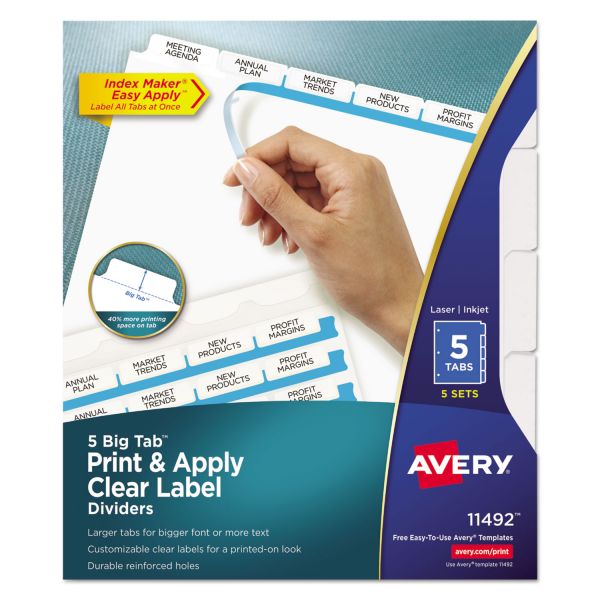 AVE11492 Avery Print & Apply Clear Label Dividers, 5-Tab, White Tab, Letter, 5 Sets