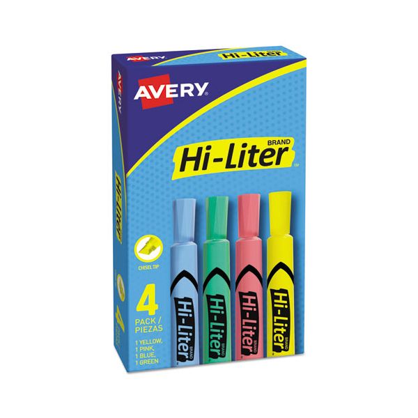 AVE17752 Avery HI-LITER Desk-Style Highlighter, Chisel Tip, Assorted Colors, 4/Set