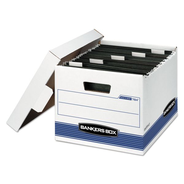 FEL00784 Bankers Box HANG'N'STOR Storage Box, Letter, Lift-off Lid, White/Blue, 4/Carton