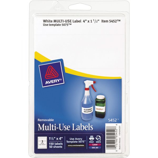 AVE05452 Avery Removable Multi-Use Labels, 1 1/2 x 4, White, 150/Pack