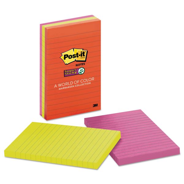 MMM6603SSAN Post-it Notes Super Sticky Pads in Marrakesh Colors, Lined, 4 x 6, 90-Sheet, 3/Pack