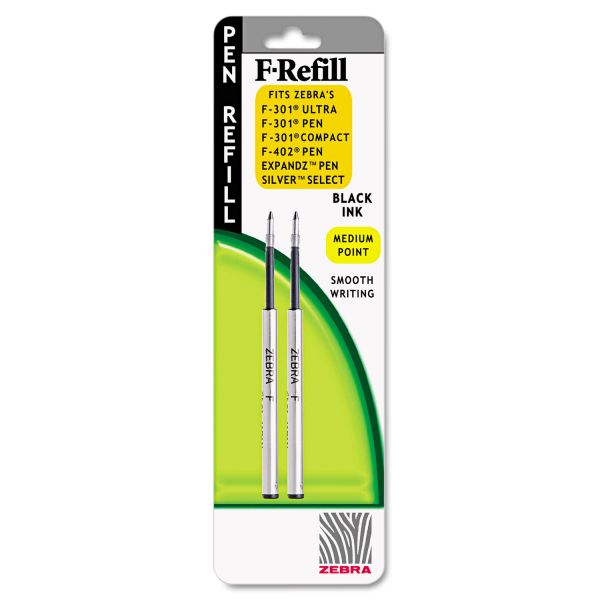 ZEB85412 Zebra Refill for F-301, F-301 Ultra, F-402, 301A, Spiral Ballpoint, Med, Black, 2/Pack