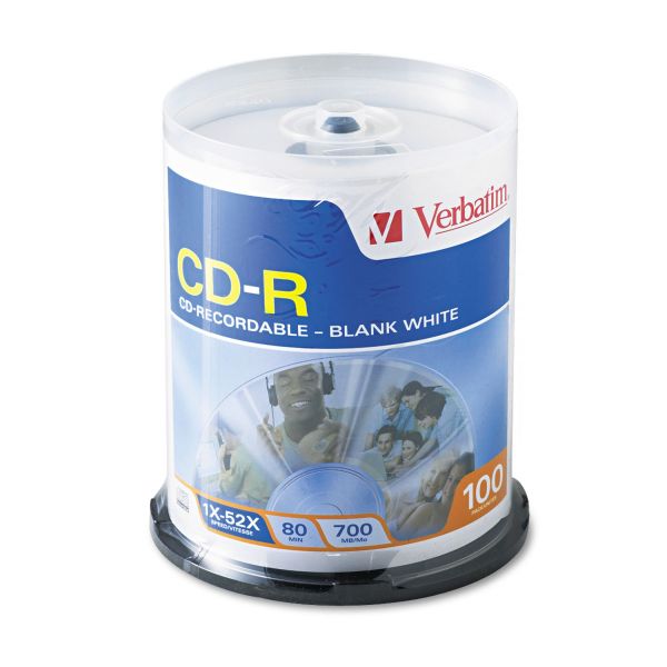 VER94712 Verbatim CD-R Discs, 700MB/80min, 52x, Spindle, White, 100/Pack