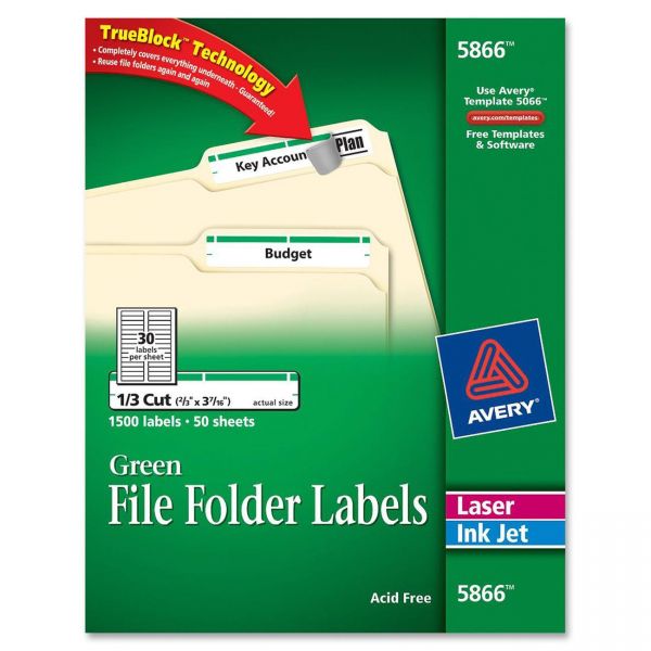 AVE5866 Avery Permanent File Folder Labels, TrueBlock, Inkjet/Laser, Green Border, 1500/Box