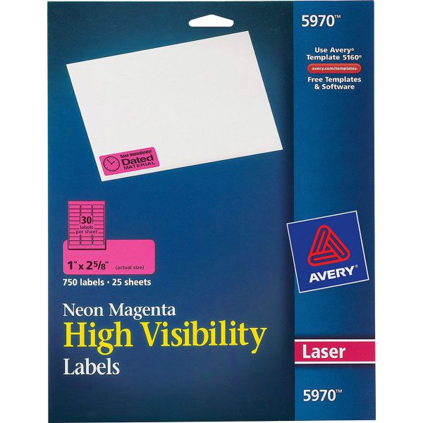 AVE5970 Avery High-Visibility Permanent ID Labels, Laser, 1 x 2 5/8, Neon Magenta, 750/Pack