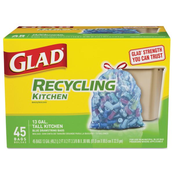 CLO78542BX Glad Recycling Tall Kitchen Drawstring Bags, Blue, .90 mil, 13 gal, 45/Box