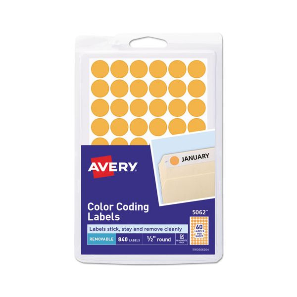 AVE05062 Avery Handwrite Only Removable Round Color-Coding Labels, 1/2" dia, Neon Orange,840/PK