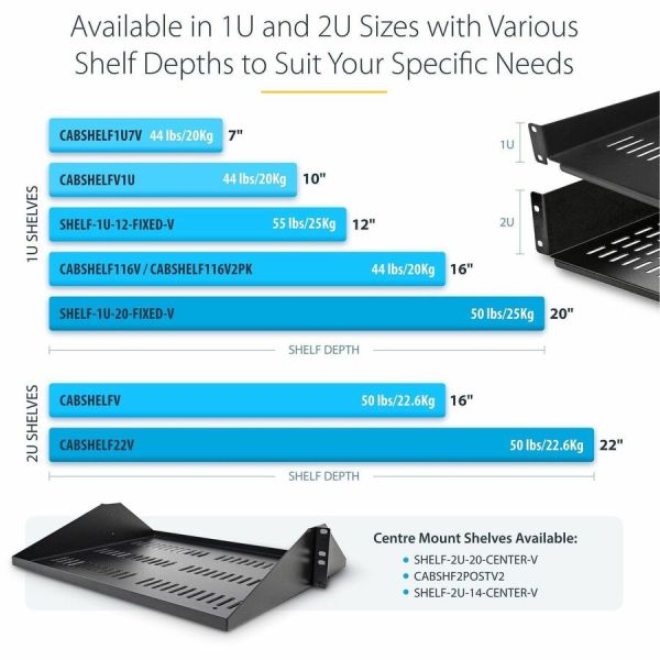 StarTech 2U 22in Vented Rack Mount Shelf - Fixed 22 inch Deep