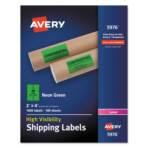 AVE5976 Avery Neon Shipping Label, Laser, 2 x 4, Neon Green, 1000/Box