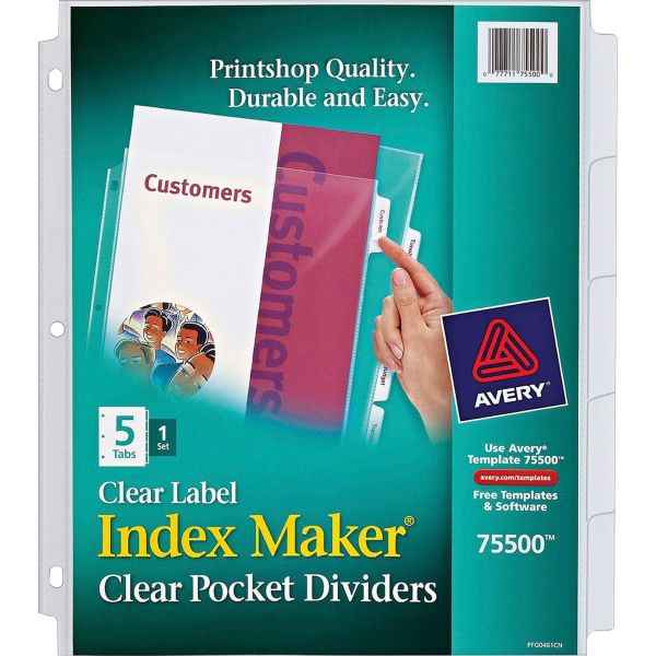 AVE75500 Avery Index Maker Print & Apply Clear Label Sheet Protector Dividers, 5-Tab, Letter