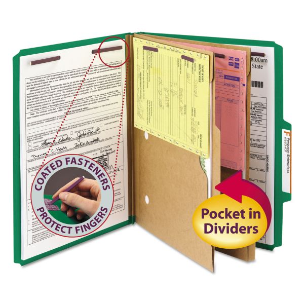 SMD14083 Smead Pressboard Folders with Two Pocket Dividers, Letter, Six-Section, Green, 10/Box