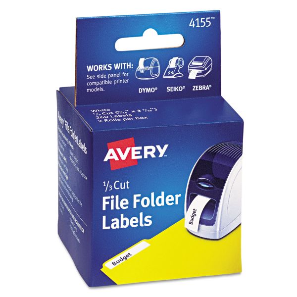 AVE4155 Avery Thermal Printer File Folder Labels, 1/3 Cut, White, 130/Roll, 2 Rolls