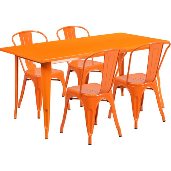 FHFETCT005430ORGG Flash Furniture 31.5'' x 63'' Rectangular Orange Metal Indoor-Outdoor Table Set with 4 Stack Chairs