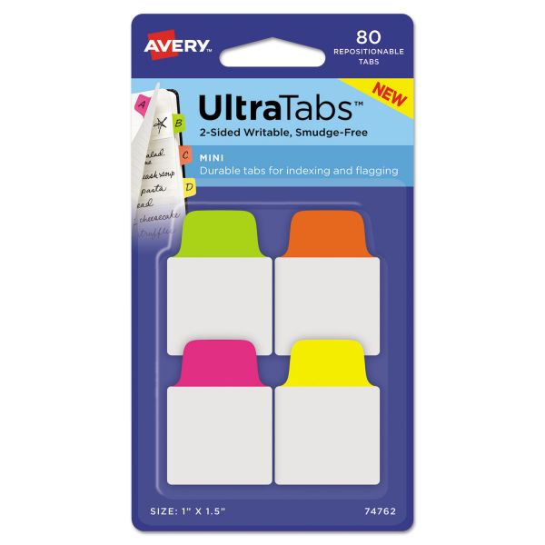 AVE74762 Avery Ultra Tabs Repositionable Tabs, 1 x 1.5, Neon:Green, Orange, Pink, Yellow, 80/PK