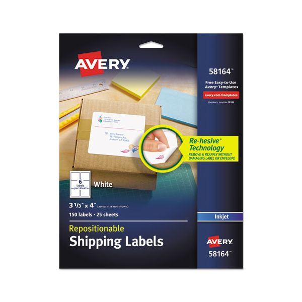 AVE58164 Avery Repositionable Shipping Labels, Inkjet/Laser, 3 1/3 x 4, White, 150/Box