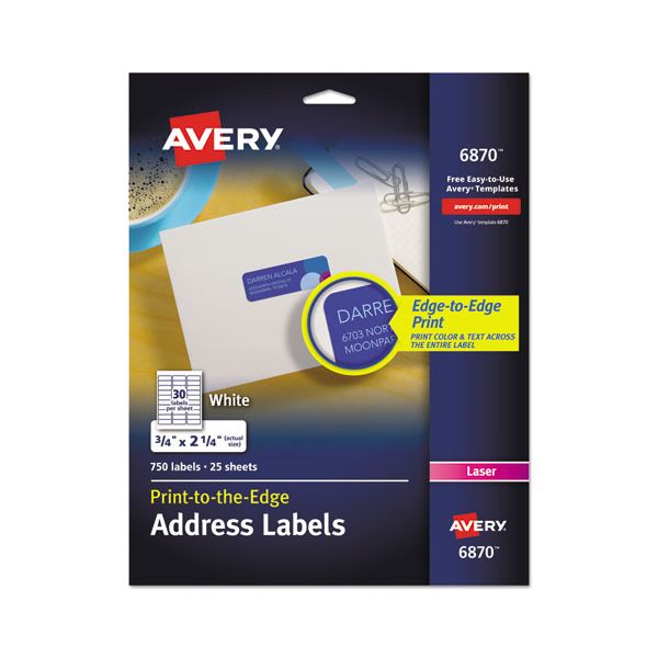 AVE6870 Avery Vibrant Color-Printing Return Address Labels, 3/4 x 2 1/4, White, 750/PK