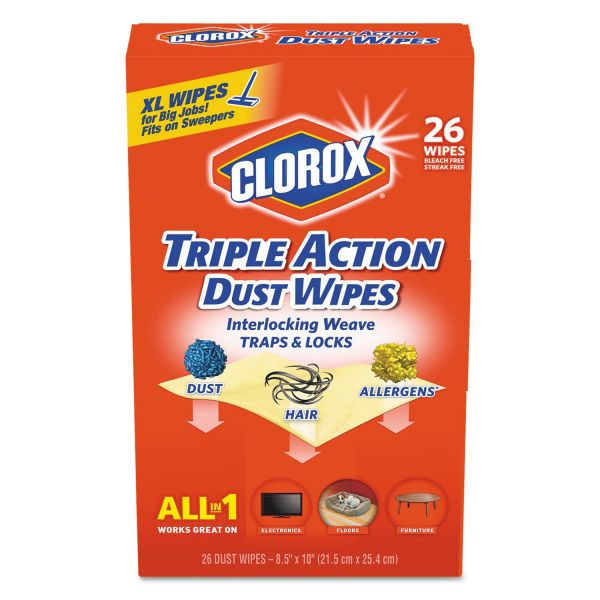 CLO31311 Clorox Triple Action Dust Wipes, White, 8 1/2 x 10, 26/Box, 7 Box/Carton