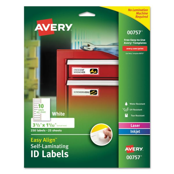 AVE00757 Avery Easy Align Self-Laminating ID Labels, Laser/Inkjet, 1 1/32 x 3 1/2, White, 250