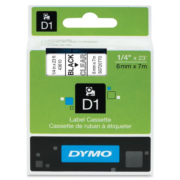 DYM43610 DYMO D1 High-Performance Polyester Removable Label Tape, 1/4" x 23 ft, Black on Clear