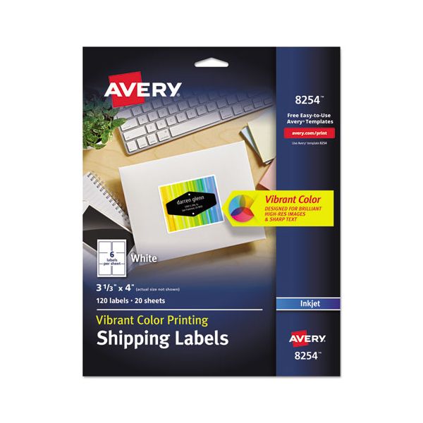 AVE8254 Avery Vibrant Color-Printing Shipping Labels, 3 1/3 x 4, Matte White, 120/Pack