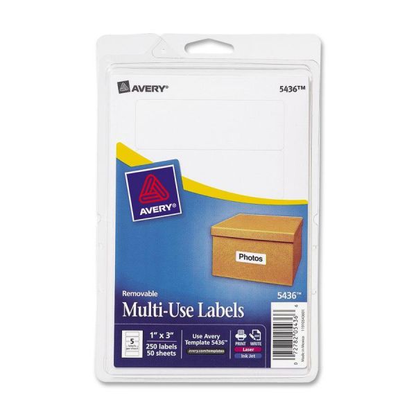 AVE05436 Avery Removable Multi-Use Labels, 1 x 3, White, 250/Pack