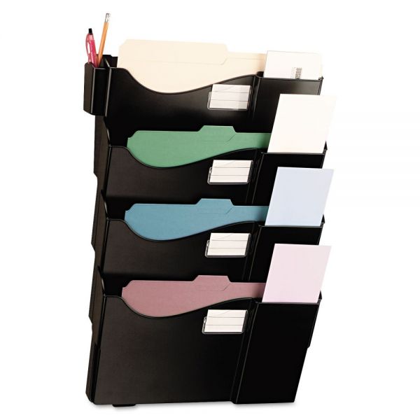 UNV08137 Universal Grande Central Filing System, Four Pocket, Wall Mount, Plastic, Black