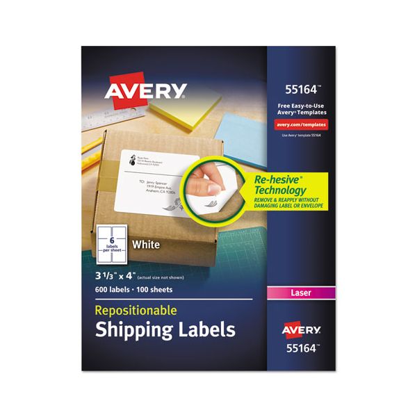 AVE55164 Avery Repositionable Shipping Labels, Inkjet/Laser, 3 1/3 x 4, White, 600/Box