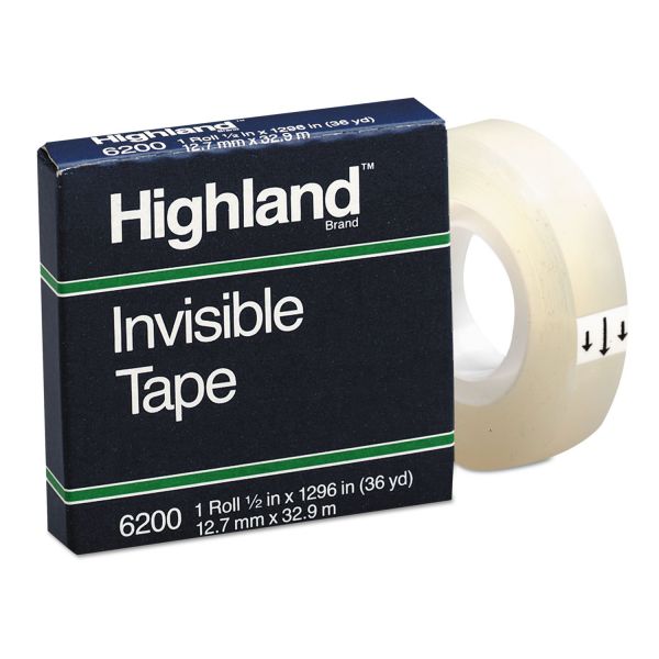 MMM6200121296 Highland Invisible Permanent Mending Tape, 1/2" x 1296", 1" Core, Clear