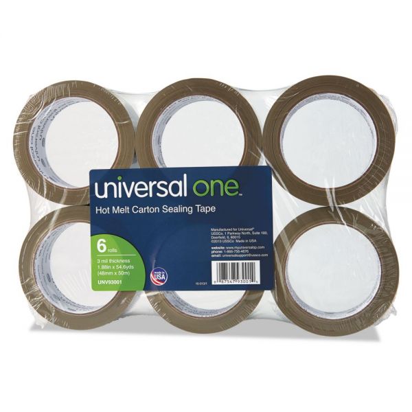 UNV93001 Universal Heavy-Duty Box Sealing Tape, 48mm x 50m, 3" Core, Tan, 6/Pack