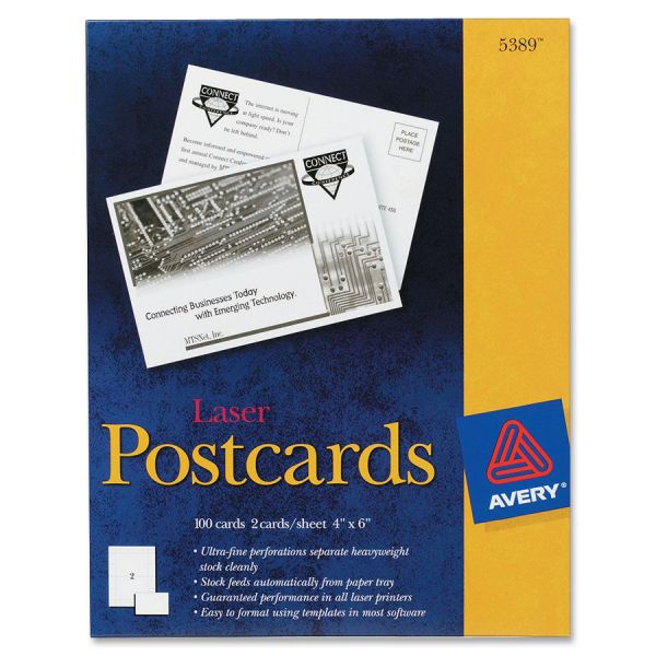 AVE5389 Avery Postcards for Laser Printers, 4 x 6, Uncoated White, 2/Sheet, 100/Box