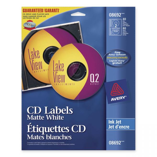 AVE8692 Avery Inkjet CD Labels, Matte White, 40/Pack
