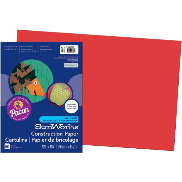 PAC9907 SunWorks Construction Paper, 58 lbs., 12 x 18, Holiday Red, 50 Sheets/Pack