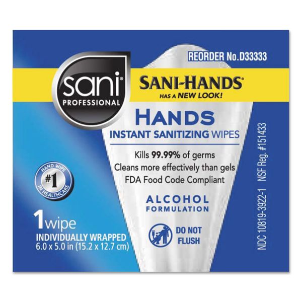 NICD33333 Sani Professional Sani-Hands Hands Instant Sanitizing Wipes, White, 5 x 7 3/4, 3000 Packets/Carton