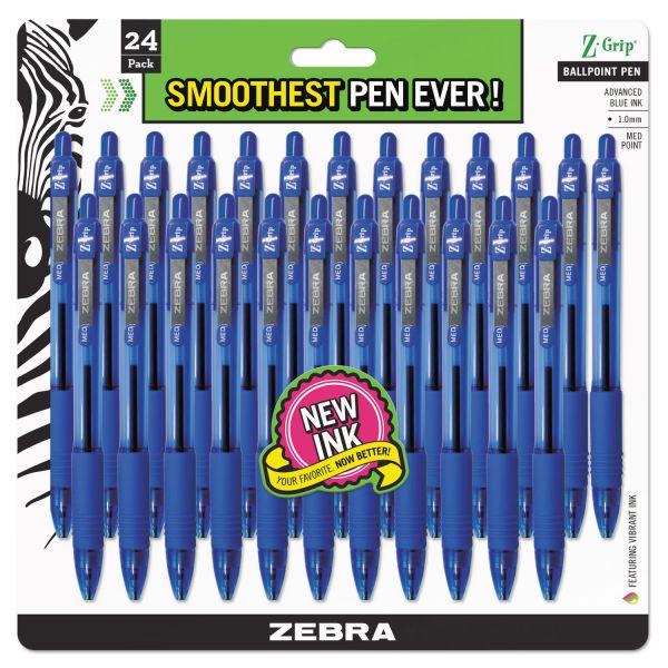 ZEB12225 Zebra Z-Grip Retractable Ballpoint Pen, Blue Ink, Medium, 24/Pack