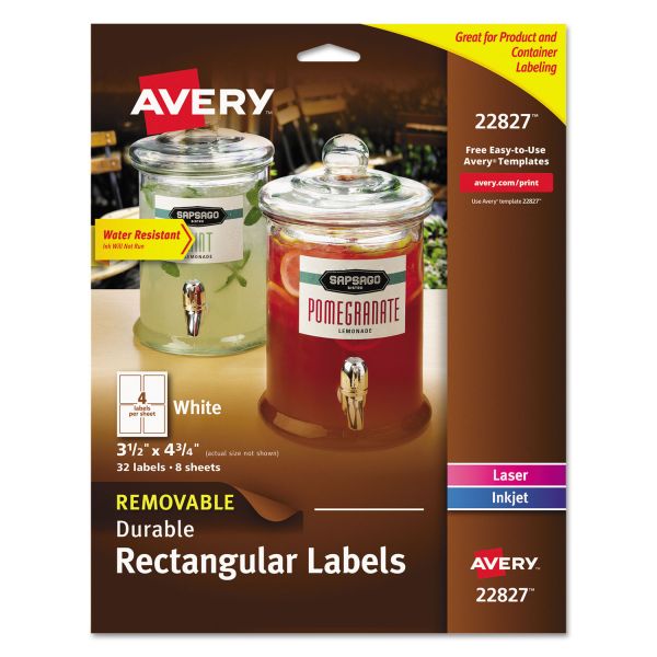 AVE22827 Avery Removable Durable White Rectangle Labels, 3 1/2 x 4 3/4, White, 32/Pack