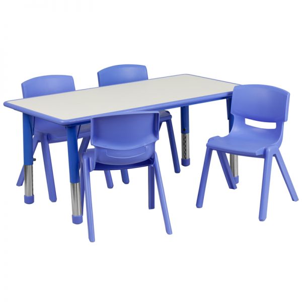 FHFYUYCY0600034RECTTBLBLUEGG Flash Furniture 23.625''W x 47.25''L Adjustable Rectangular Blue Plastic Activity Table Set with 4 School Stack Chairs